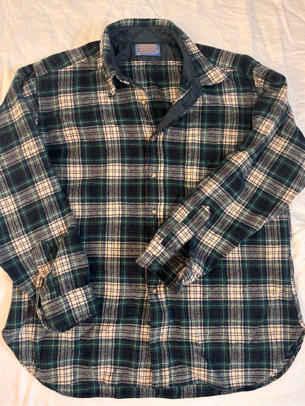 Pendleton Men's Dark Green and White Plaid Button-Down Shirt